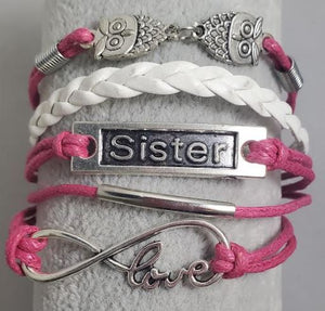 AZ476 Hot Pink & White Owl Sister Love Infinity Leather Layer Bracelet