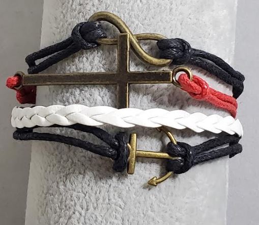 AZ307 Black Red White Cross Anchor Infinity Leather Layer Bracelet