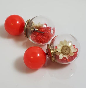 AZ1143 Red Gem Flower Filled Ball Earrings