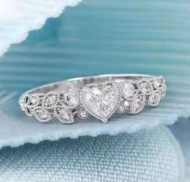 R199 Silver Rhinestone Heart & Leaves Ring - Iris Fashion Jewelry