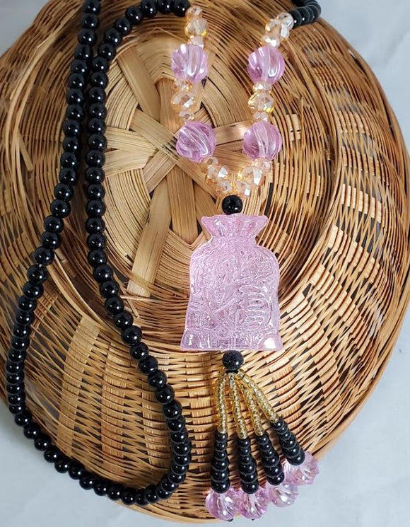AZ481 Glass Light Pink Money Bag Long Bead Necklace With Free Earrings