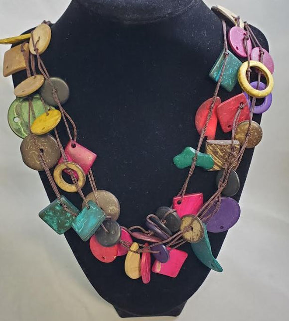 N282 Multi Color Assorted Shape Wooden Necklace with FREE EARRINGS