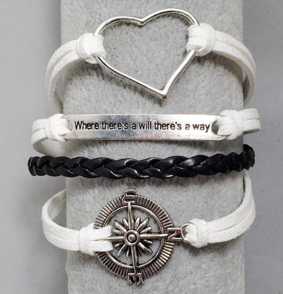 B1293 White Heart Compass Where There's a Will There's a Way Leather Layer Bracelet - Iris Fashion Jewelry