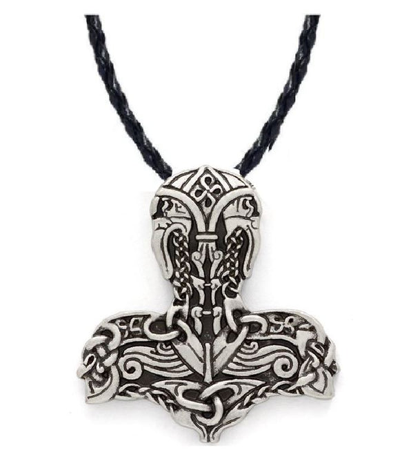 AZ908 Silver Viking Hammer Pendant on Leather Cord Necklace