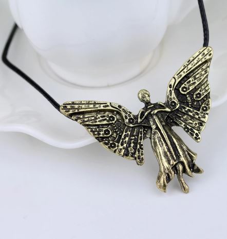 AZ673 Gold Angel on Leather Cord Necklace with FREE EARRINGS