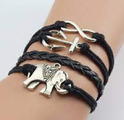 B381 Black Elephant Anchor Infinity Leather Layer Bracelet - Iris Fashion Jewelry