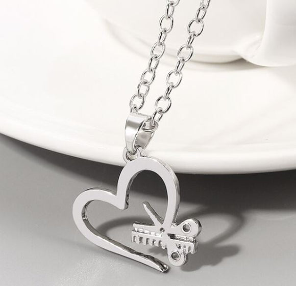 N1112 Silver Heart Scissor Comb Hairdresser Necklace with FREE Earrings