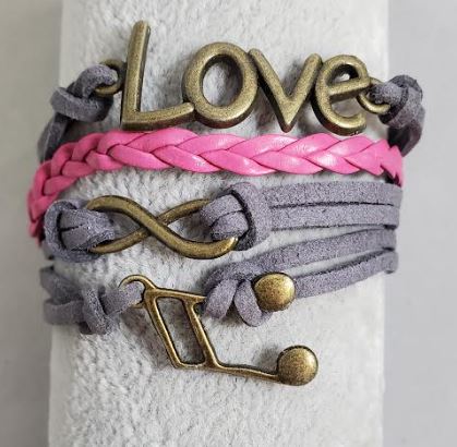 AZ1290 Gray & Pink Love Music Note Infinity Layer Leather Bracelet