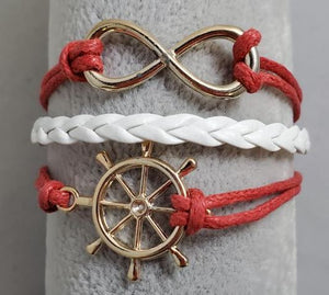 AZ1356 Red & White Ship Wheel Infinity Layer Leather Bracelet