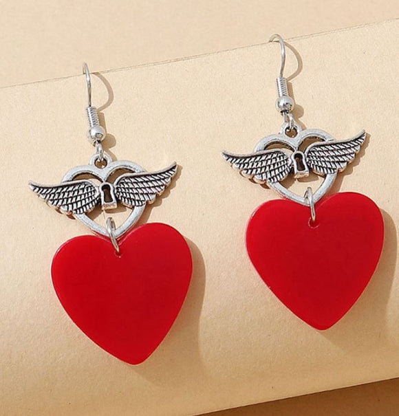 E861 Silver Wings Red Acrylic Heart Earrings - Iris Fashion Jewelry