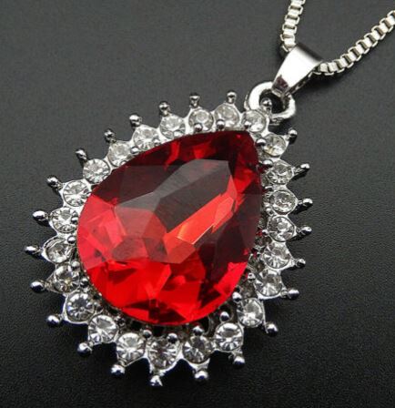 N580 Silver Red Teardrop Gemstone with Rhinestones Necklace with FREE Earrings