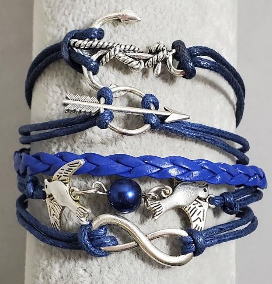 AZ1381 Royal Blue Dove Anchor Arrow Infinity Layer Leather Bracelet