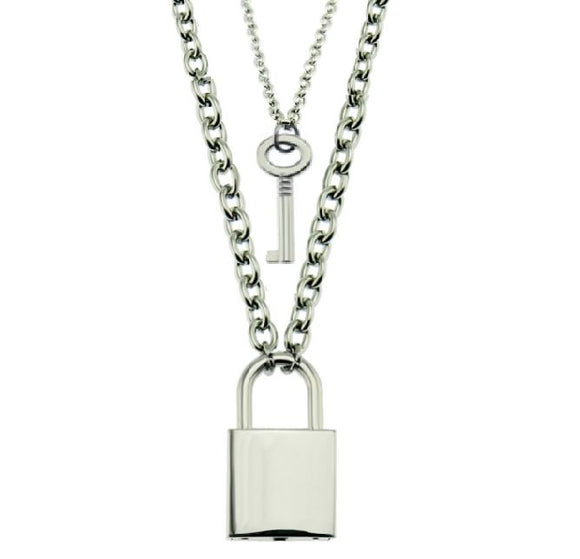 N1162 Silver Padlock & Key Chain Necklace with FREE EARRINGS - Iris Fashion Jewelry