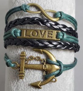 AZ935 Teal & Black Love Anchor Infinity Layer Leather Bracelet