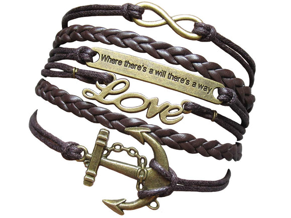 B352 Brown Where There's a Will There's a Way Anchor Leather Layer Bracelet - Iris Fashion Jewelry