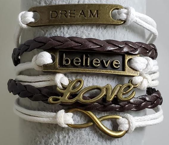 B173 White & Brown Dream Believe Love Infinity Leather Layer Bracelet