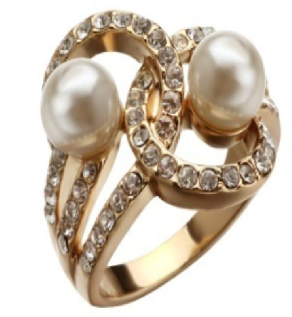 R03 Rose Gold Pearl Rhinestone Ring - Iris Fashion Jewelry