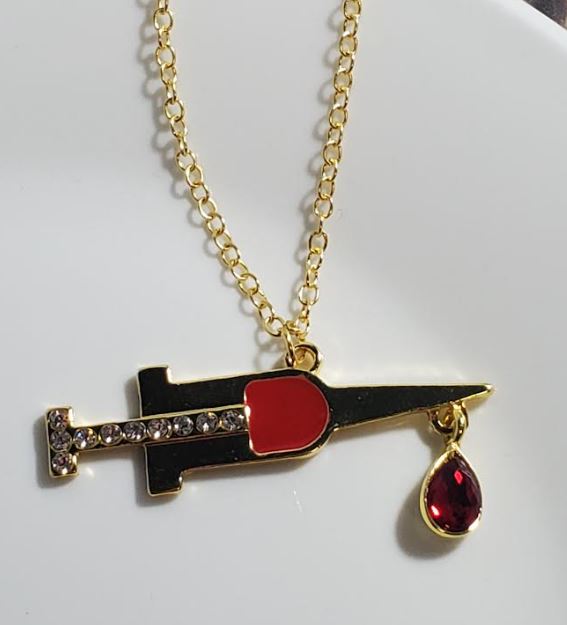 AZ10 Gold Rhinestone Nurse Syringe Red Gem Necklace with Free Earrings - Iris Fashion Jewelry
