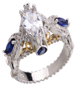 R333 Silver Multi Rhinestone Blue Gemstone Gold Accent Ring - Iris Fashion Jewelry