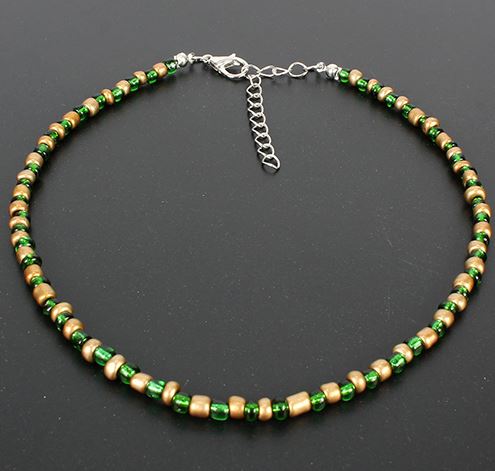 N2190 Silver Green & Gold Seed Bead Choker Necklace with FREE Earrings