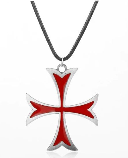 AZ696 Silver Red Templar Cross on Leather Cord Necklace with FREE EARRINGS