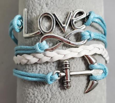 AZ1517 Light Blue & White Love Anchor Infinity Layer Leather Bracelet