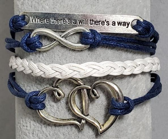AZ166 Navy Blue & White Where There's a Will There's a Way Heart Infinity Leather Layer Bracelet
