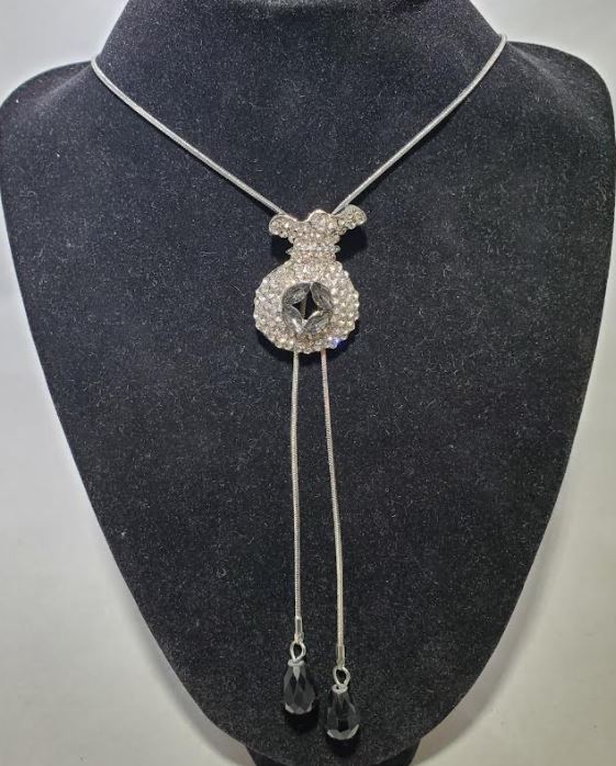 N1673 Silver Rhinestone Money Bag Black Gem Adjustable Sweater Necklace with FREE Earrings - Iris Fashion Jewelry