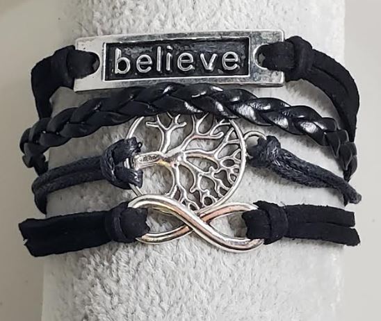 AZ290 Black Believe Tree of Life Infinity Leather Layer Bracelet
