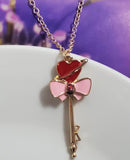 AZ140 Rose Gold Heart Bow Key Pink Rhinestone Necklace with FREE EARRINGS