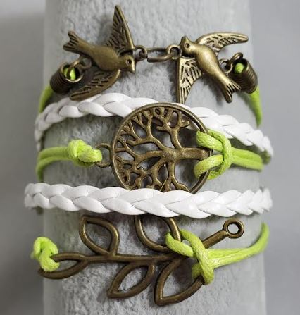AZ1043 Lime Green & White Dove Tree Leaf Infinity Layer Leather Bracelet