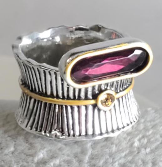 R720 Silver Gold Accent Fuchsia Gem Ring - Iris Fashion Jewelry