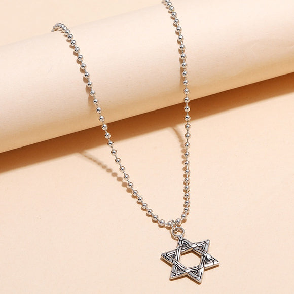 N2163 Silver Star Pendant on Beaded Chain Necklace - Iris Fashion Jewelry