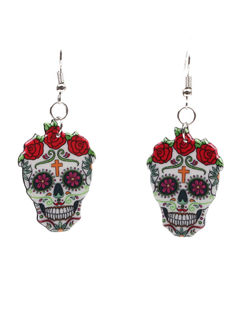 E1577 Silver Acrylic Sugar Skull Rose Earrings - Iris Fashion Jewelry