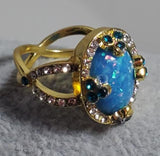 R653 Gold Blue Opalescent Gem Rhinestone Ring - Iris Fashion Jewelry