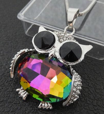 N638 Silver Owl Multi Color Gemstone Belly Necklace with FREE Earrings