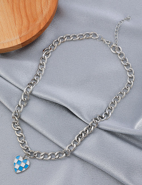 N1950 Silver Blue & White Checkered Heart Necklace with FREE EARRINGS - Iris Fashion Jewelry
