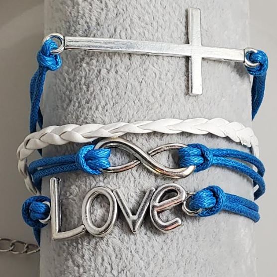 AZ587 Turquoise & White Cross Love Infinity Leather Layer Bracelet