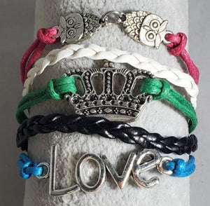 AZ288 Multi Color Owl Crown Love Leather Layer Bracelet