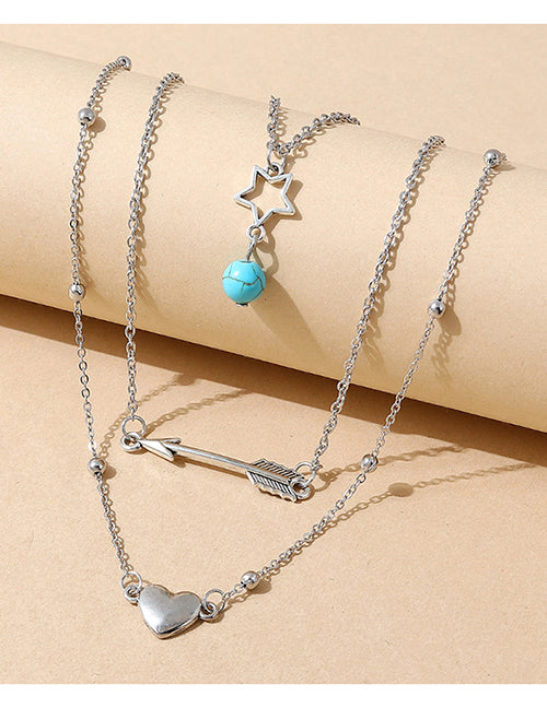 N1241 Silver Star Heart Arrow Layered Necklace with FREE Earrings - Iris Fashion Jewelry