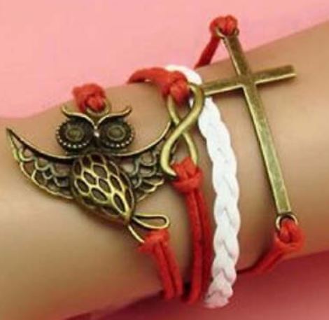 AZ1324 Red & White Cross Owl Infinity Layer Leather Bracelet