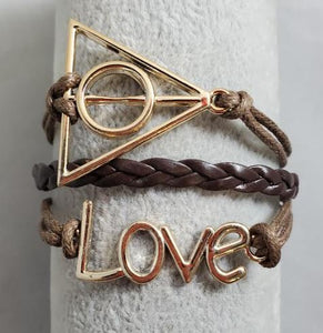 AZ1494 Brown Deathly Hallows Love Infinity Layer Leather Bracelet