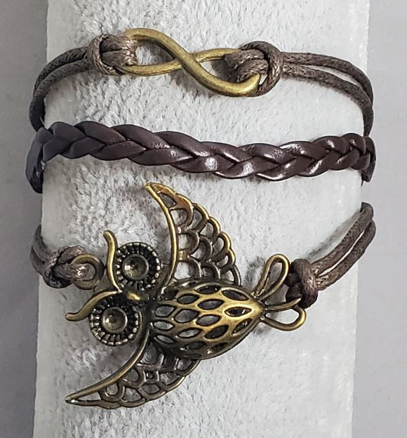 AZ378 Brown Owl Infinity Layer Leather Bracelet