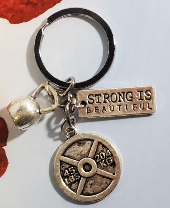 AZ817 Silver Strong Is Beautiful Weight Lifting Keychain