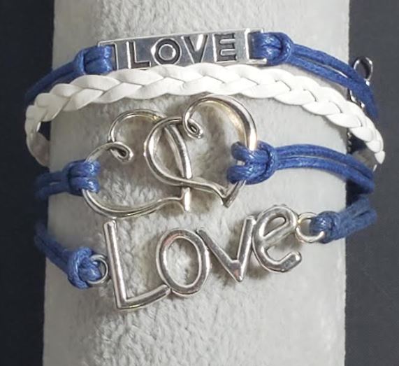 AZ706 Blue & White Love Heart Infinity Leather Layer Bracelet