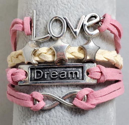 AZ1367 Pink & Beige Dream Love Star Infinity Layer Leather Bracelet
