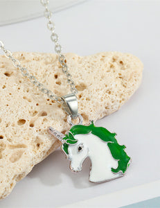 L93 Silver Baked Enamel Green Unicorn Necklace with FREE Earrings - Iris Fashion Jewelry