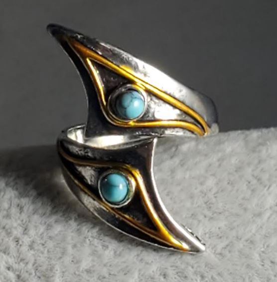 R227 Silver Turquoise Stone Gold Accent Ring - Iris Fashion Jewelry