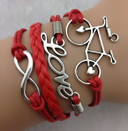 AZ1325 Red Love Bicycle Infinity Layer Leather Bracelet