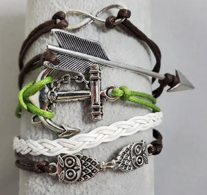 AZ1088 Brown Green White Arrow Owl Anchor Infinity Layer Leather Bracelet